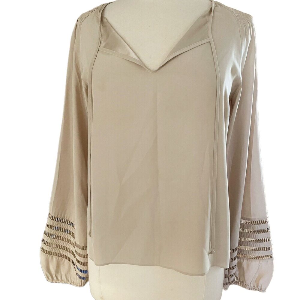 Parker 100% Silk Blouse Sz S Peasant Boho Top Balloon Sleeve Fretwork Ruching